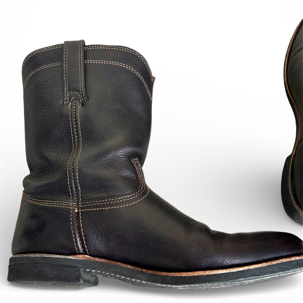 Frye Duke Roper Cowboy Boots Dark Brown Leather Pull On Oil Resistant Mens Sz 10 - Picture 3 of 16